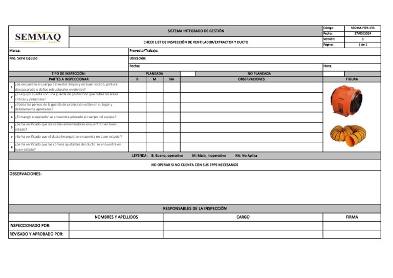 Check List Inspección Extractores y Ductos | PDF