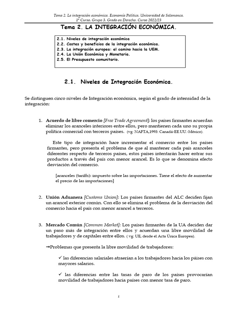 Niveles y Beneficios de la Integración Económica | PDF | Euro ...