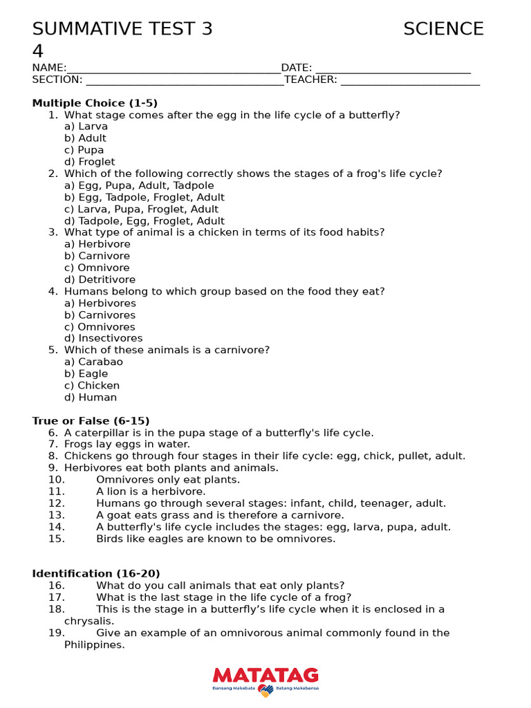 Grade 4 Science Test: Life Cycles & Diets | PDF | Frog | Butterfly