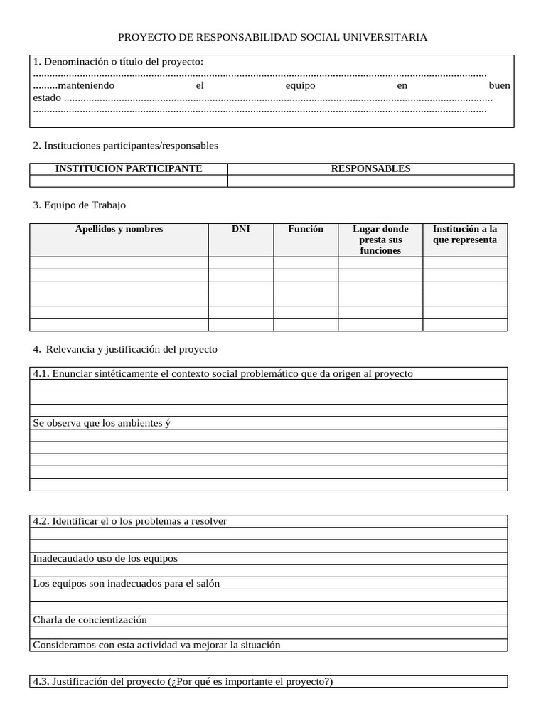 Formulario para La Presentacion de Proyectos de R.S.U. | PDF