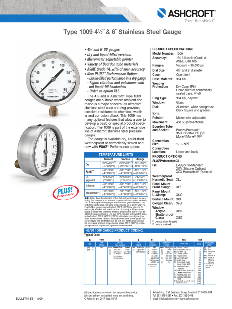Ashcroft 1009 Stainless Steel Gauges | PDF | Pressure Measurement ...