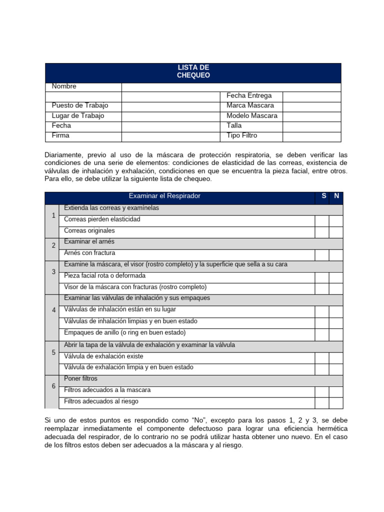 Lista de Chequeo para Máscaras Respiratorias | PDF
