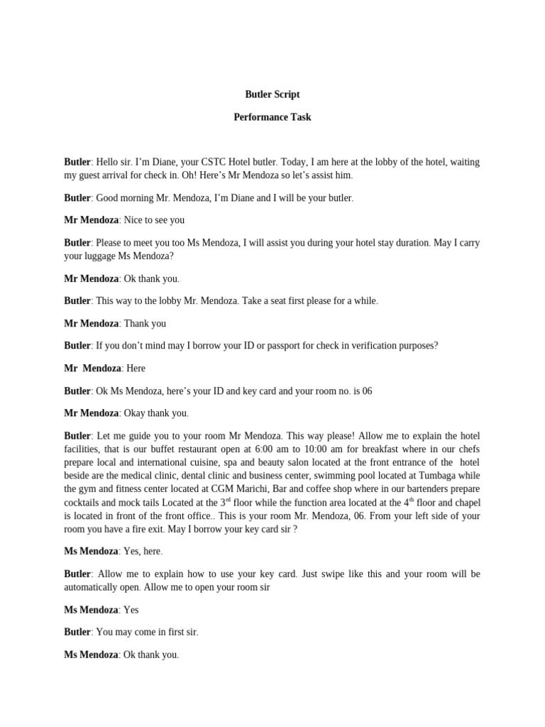 Hotel Butler Service Script | PDF | Cooking, Food & Wine | Home & Garden