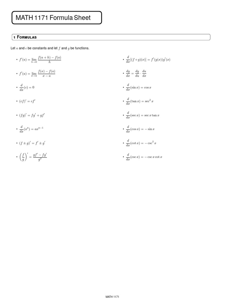 MATH 1171 Calculus Formula Sheet | PDF