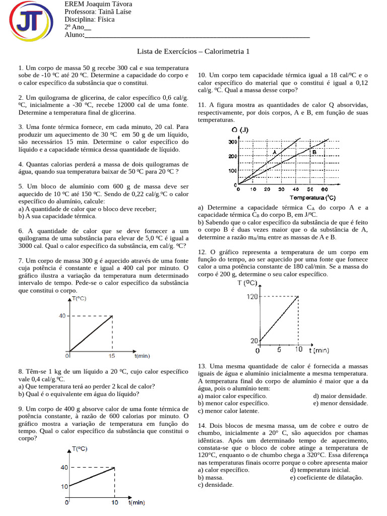 Lista de Exercícios de Calorimetria | PDF | Calor | Capacidade térmica