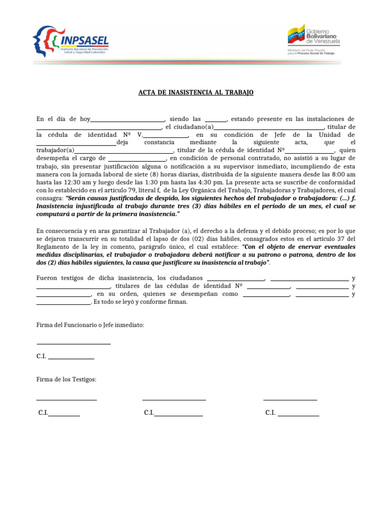 Acta de Inasistencia Laboral | PDF | Gobierno | Justicia