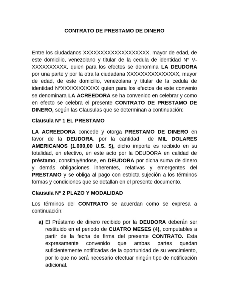 Contrato de Préstamo de Dinero en Venezuela | PDF | Pagos