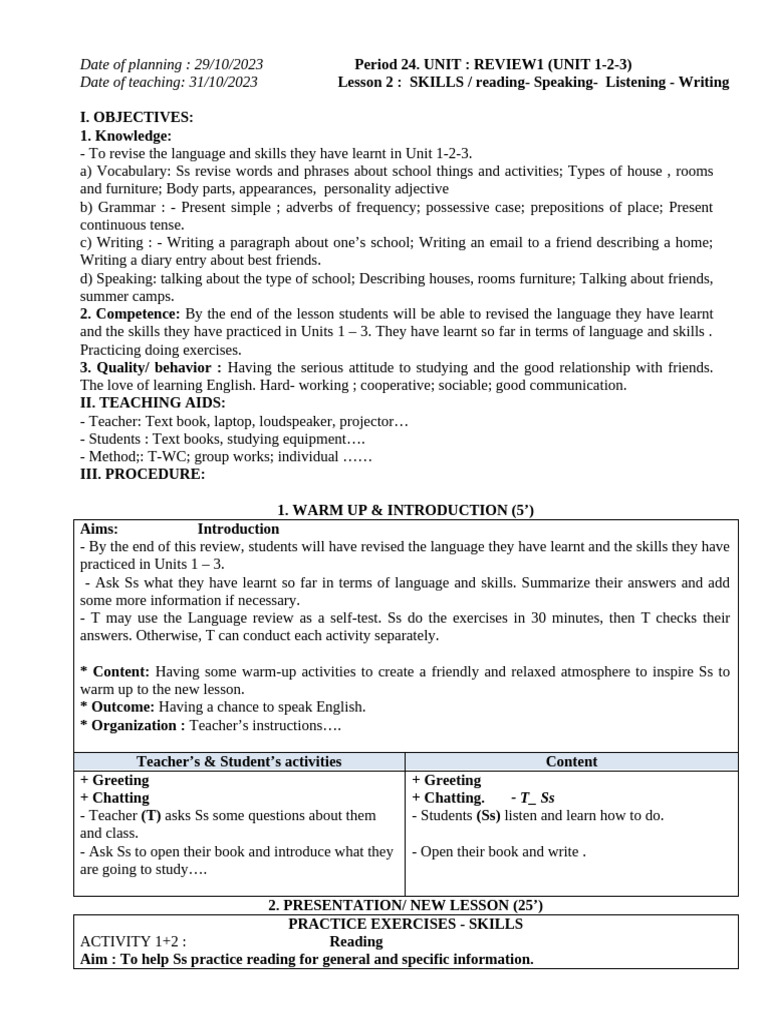 Review of Language Skills Units 1-3 | PDF | Vocabulary | Adverb