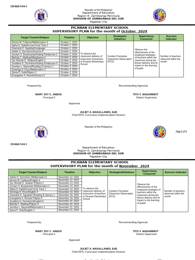 CID ME FORM 3 Sample Monthly Supervisory Plan | PDF | Teachers | Cognition