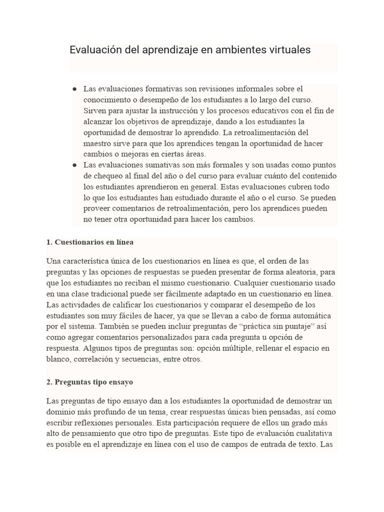 Evaluación del Aprendizaje Virtual | PDF | Cuestionario | Evaluación