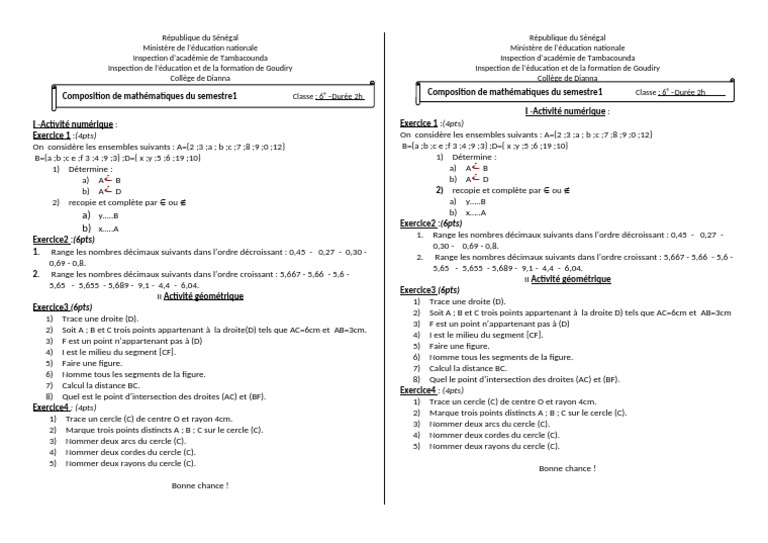 Composition Maths 6ème Semestre 1 | PDF | Mathématiques