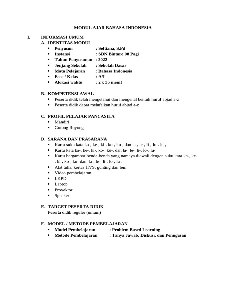 Modul Ajar Bahasa Indonesia Kelas 1 | PDF | Seni & Disiplin Bahasa ...