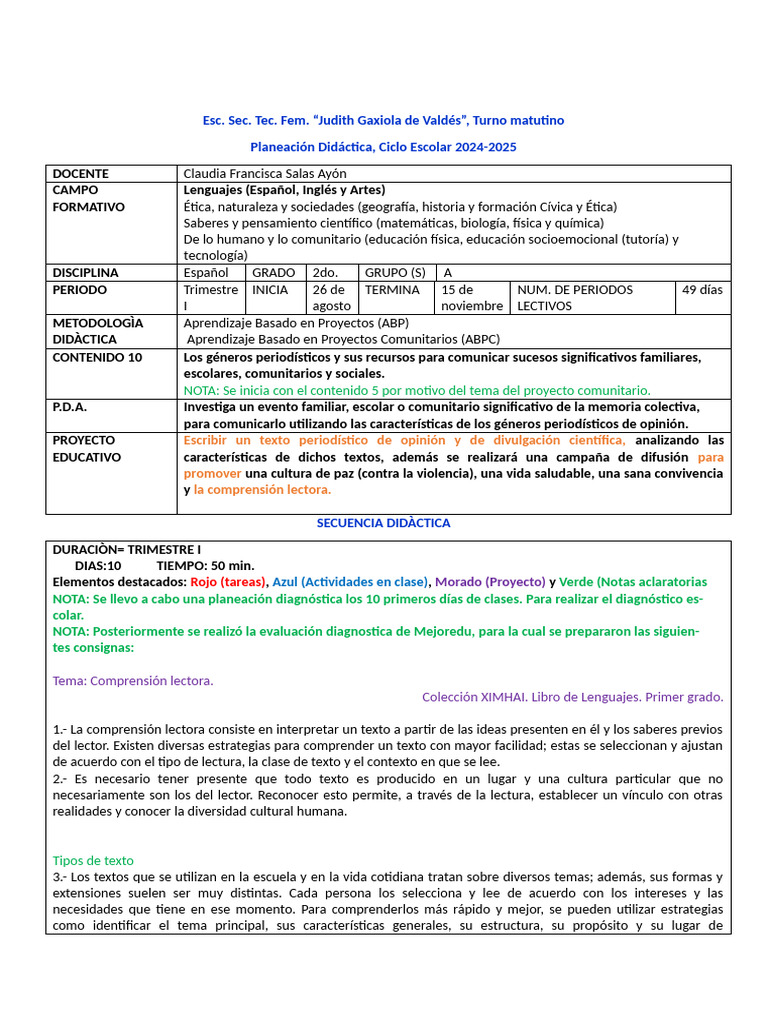 Planeación Didáctica 2do Grado Español | PDF | Comprensión lectora ...