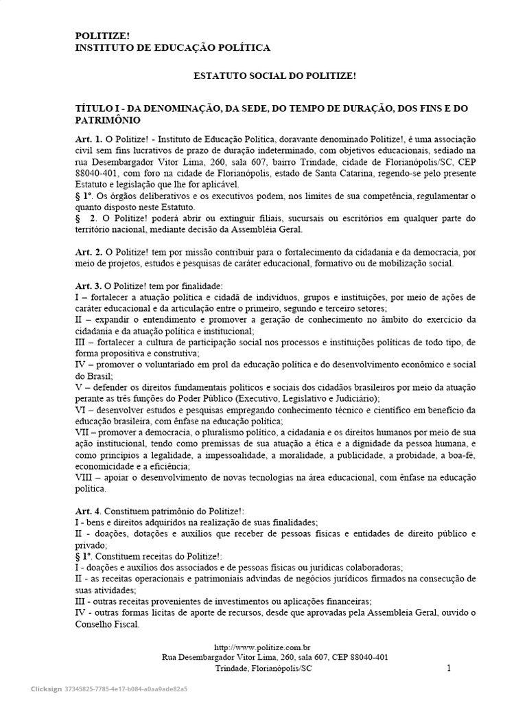 Estatuto do Instituto Politize! | PDF | Contabilidade | Eleições