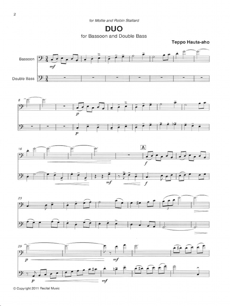 Teppo Hauta Aho Duo For Basson and Double Bass | PDF