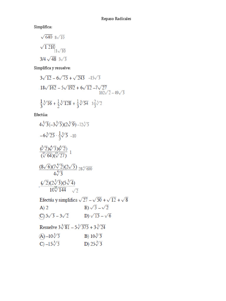 Radicales Ejercicios Pdf