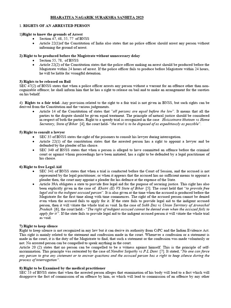 BNSS 2023: Rights of Arrested Persons | PDF | Double Jeopardy | Bail