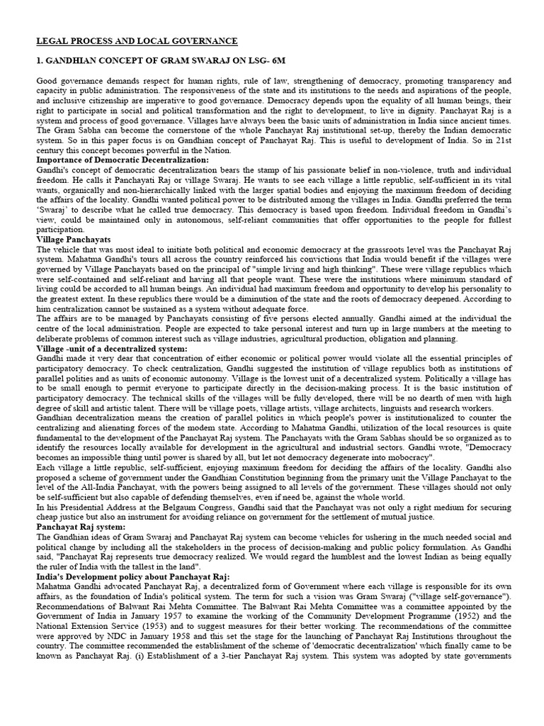 Gandhian Panchayat Raj and Local Governance | PDF | Government Of India ...