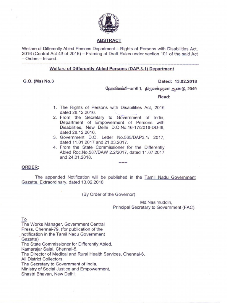 TN Rights Persons Disabilities Rules 2018 | PDF
