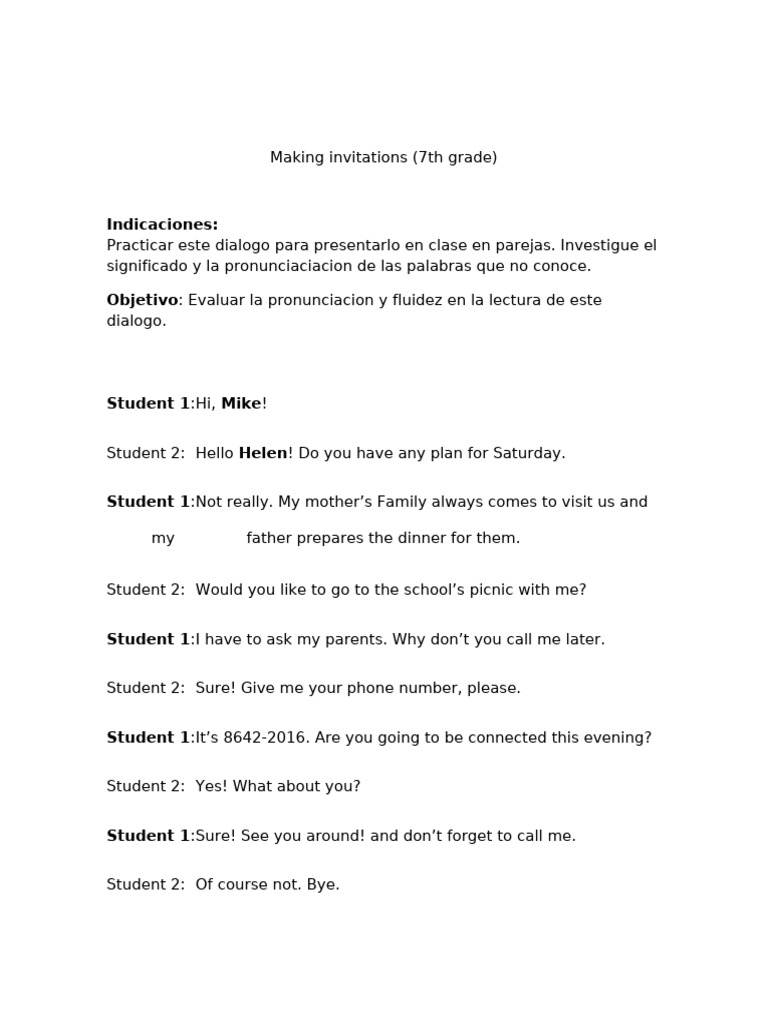 7th Grade Invitation Dialogue Practice | PDF