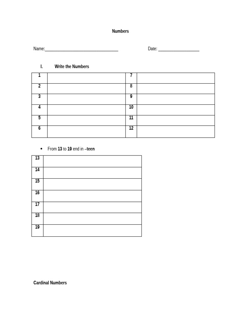 Exercises for Numbers 1-100 | PDF