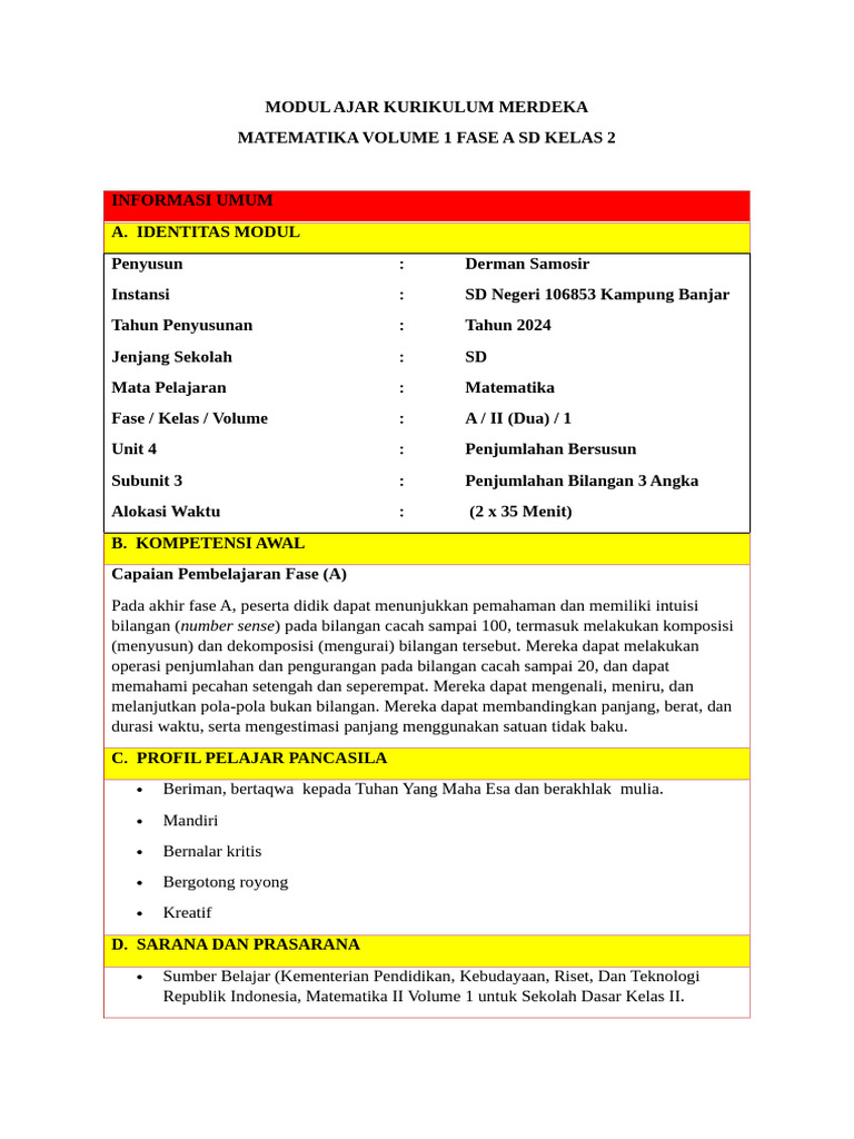 Modul Ajar Matematika Kelas 2 SD | PDF | Karier & Perkembangan