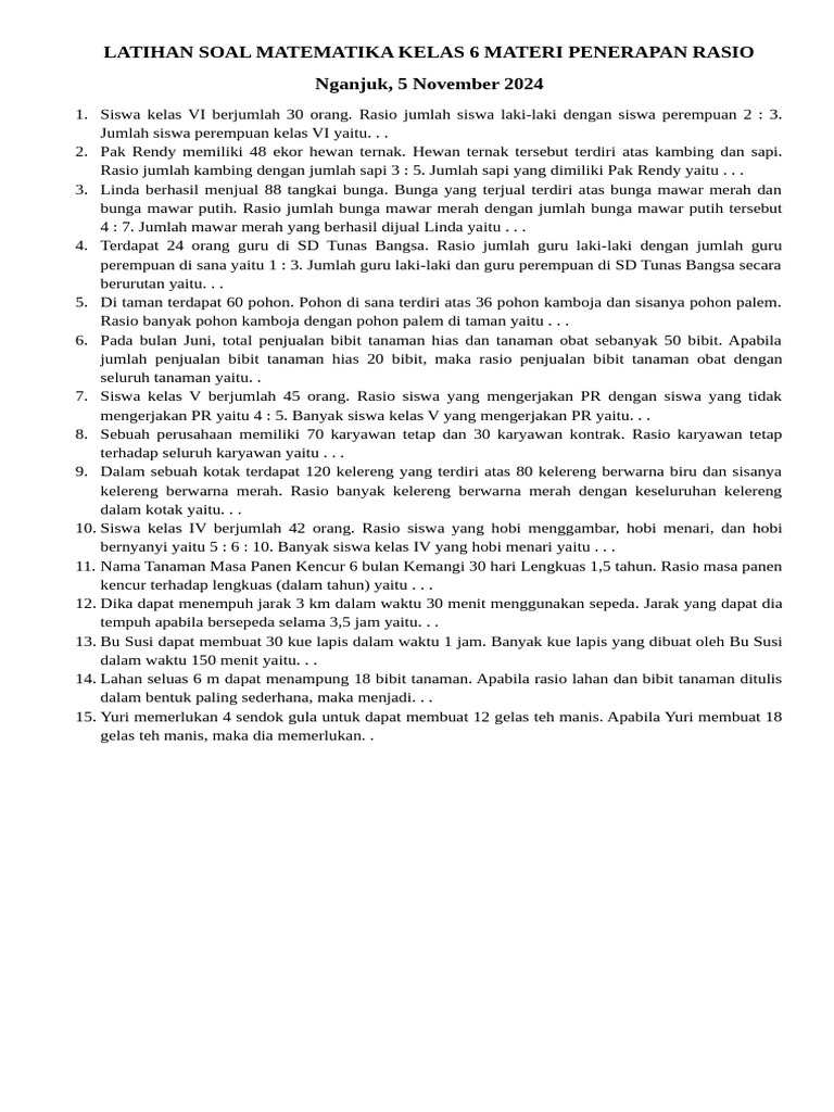 Latihan Soal Penerapan Rasio Kelas 6 | PDF