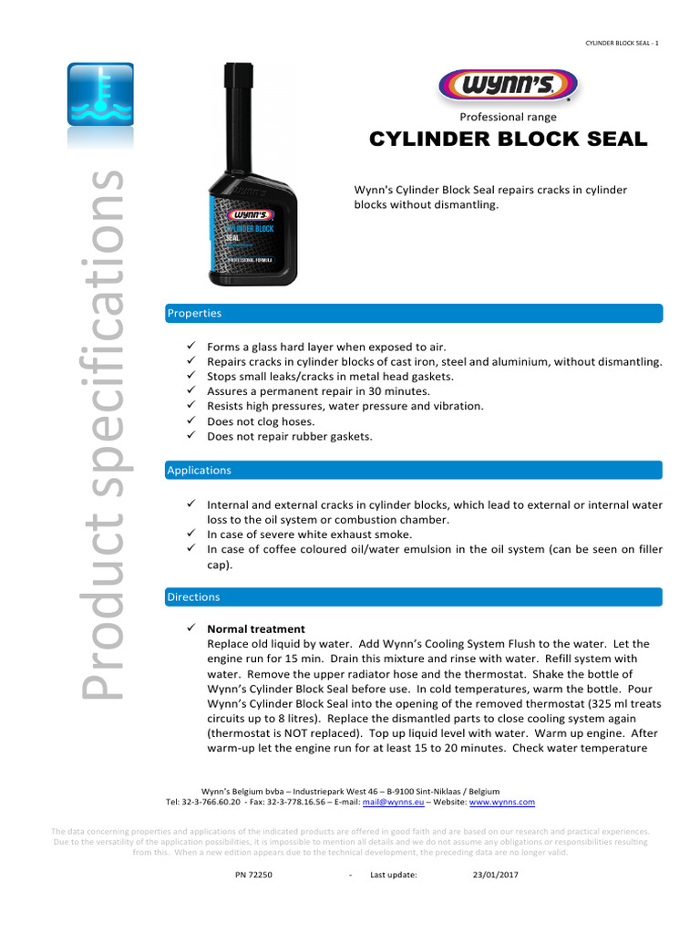 Wynn's Cylinder Block Seal Instructions | PDF | Engines | Engine Technology