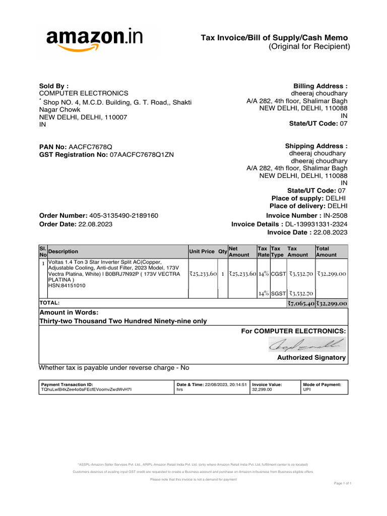 MCD Invoice for AC Purchase | PDF | Invoice | Business