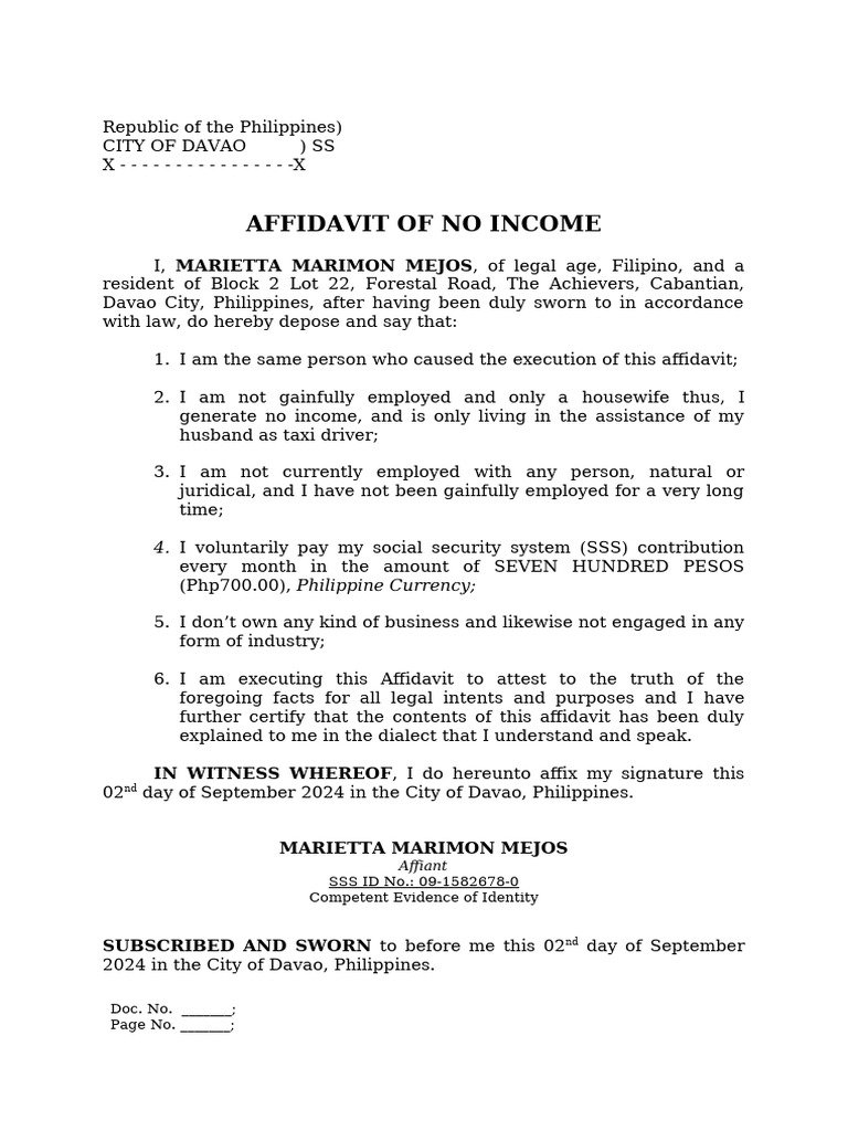 Affidavit of No Income - Marietta Mejios | PDF | Finance & Money ...