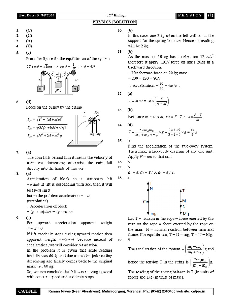 12th Bio Physics Class Test Dt. 04-08-24 Solution | PDF | Tension ...