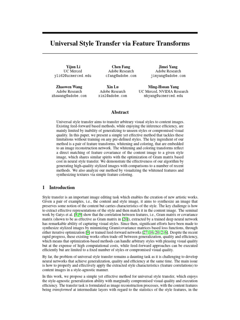 Universal Style Transfer Via Feature Transforms | PDF | Eigenvalues And ...
