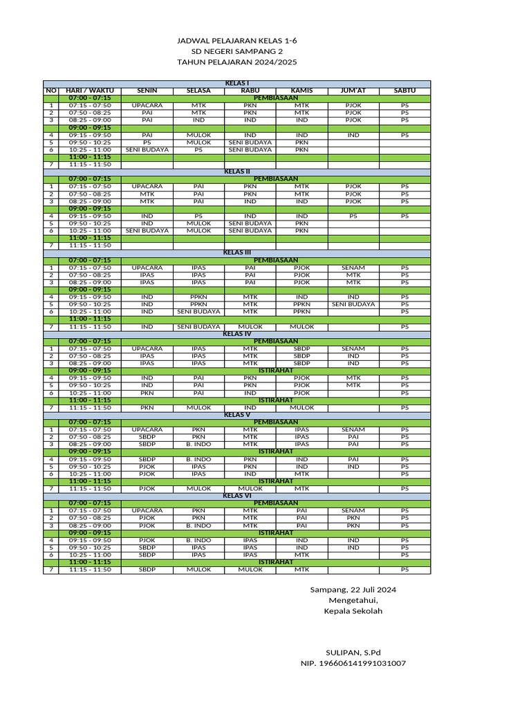 Jadwal Pelajaran 2023-2024 | PDF