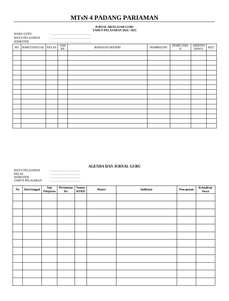 Jurnal Mengajar Guru MTsN 4 2024/2025 | PDF | Karier & Perkembangan