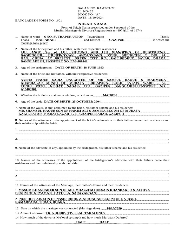 Bangladesh Nikah Nama Form 1601 | PDF | Marriage | Marriage, Unions And ...