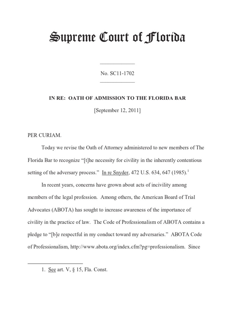 Attorneys Oath of Admission To The Florida Bar Oath Of Office Oath