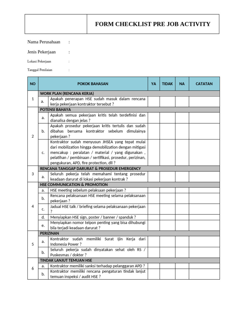 Checklist Aktivitas Pra Pekerjaan HSE | PDF | Teknologi & Rekayasa