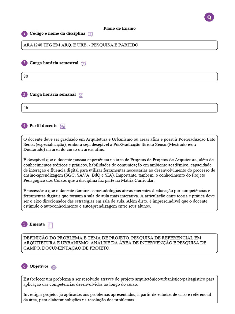 TFG em Arquitetura e Urbanismo: Plano de Ensino | PDF | Aprendizado ...