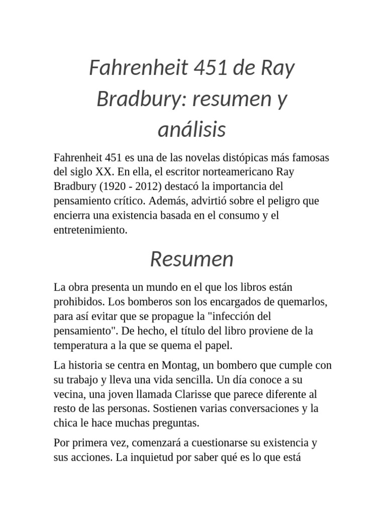 Resumen y análisis de Fahrenheit 451 | PDF | Ray Bradbury