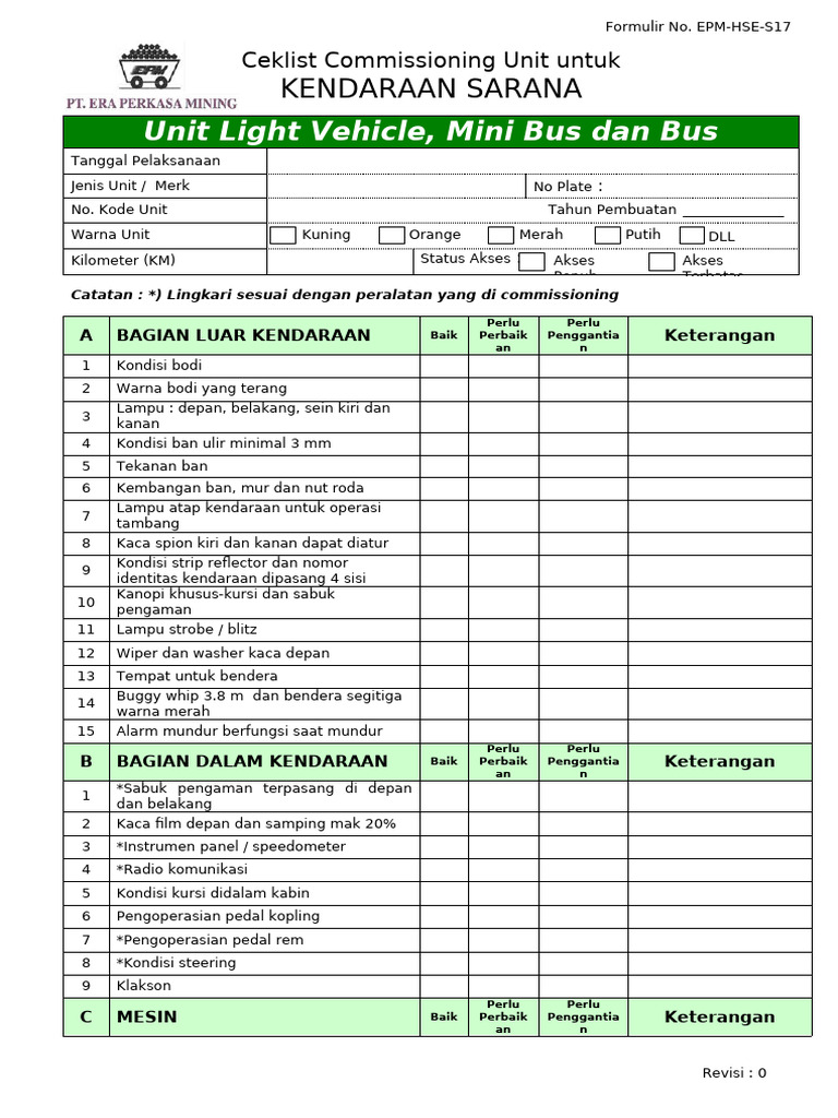 FORM Komisioning Unit LV, Mini Bus Dan Bus Revisi 1 | PDF