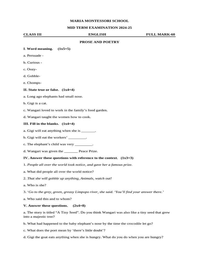 Class 3 English - Midterm | PDF