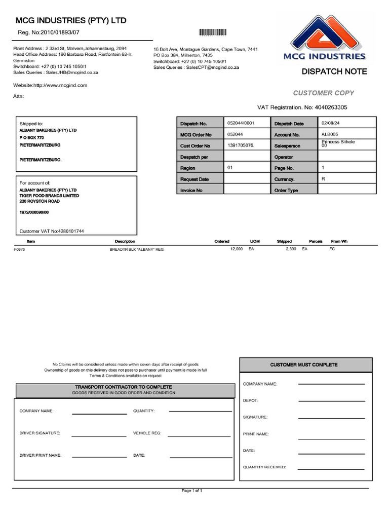 Dispatch Note - 052044 - 0001 | PDF