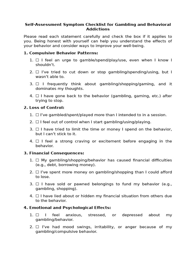 Gambling Addiction Self-Assessment Checklist | PDF | Gambling | Social ...