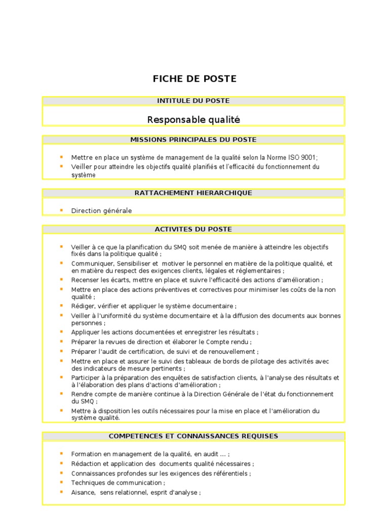 Fiche De Poste Pdf