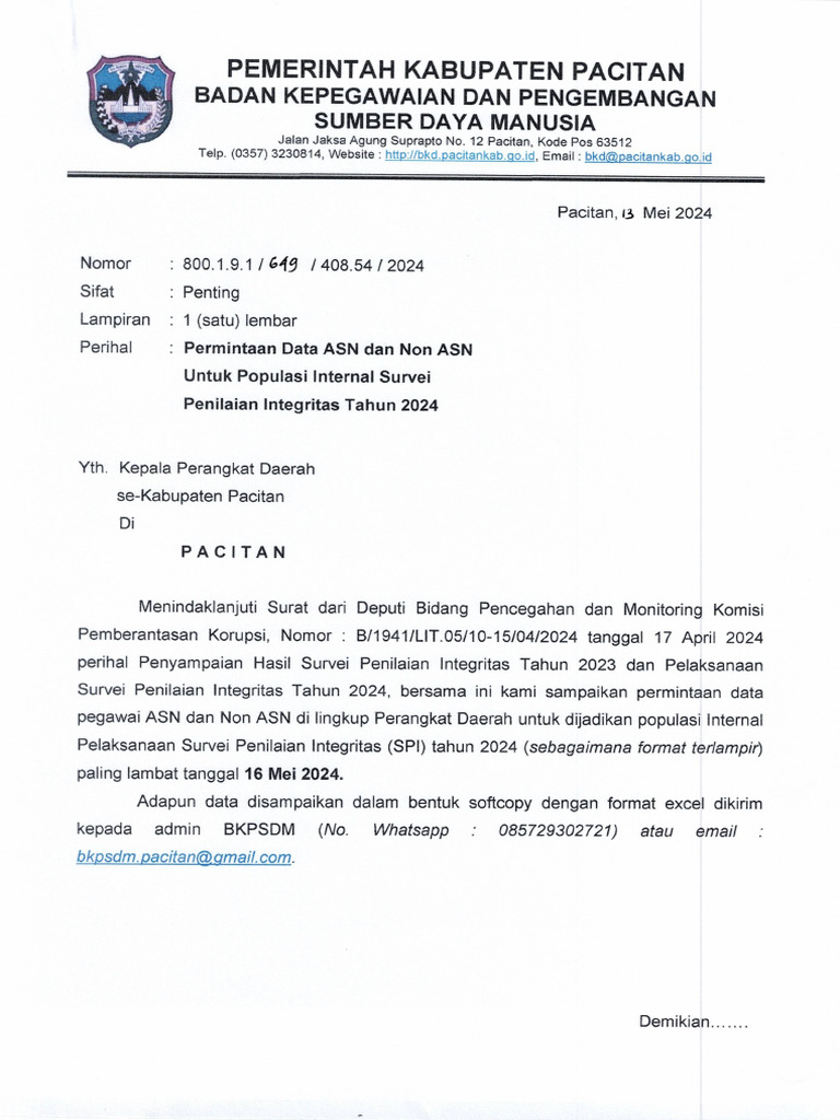 Permintaan Data ASN Dan Non ASN Untuk SPI 2024 | PDF