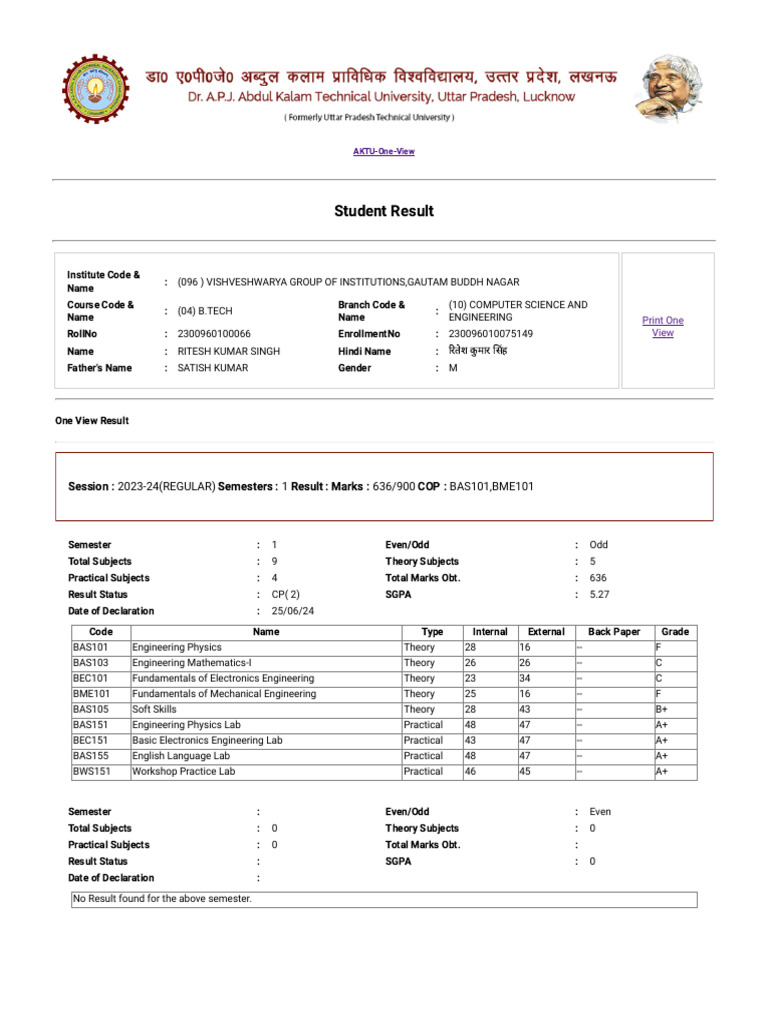 B.Tech Computer Science Result 2023-24 | PDF | Science | Engineering