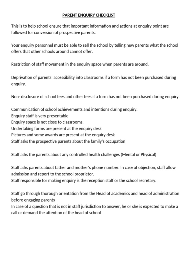 Parent Enquiry Checklist | PDF | Self-Improvement | Wellness