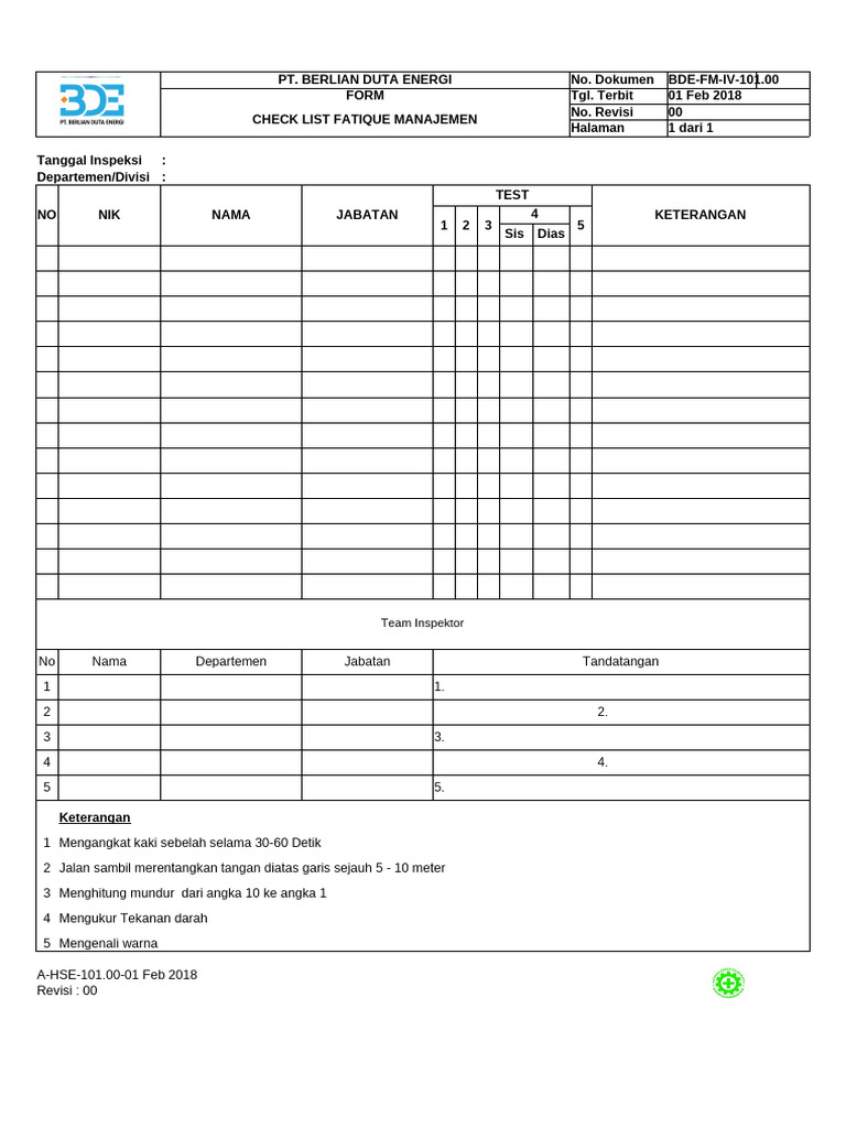 Checklist Manajemen Fatique PT Berlian Duta | PDF