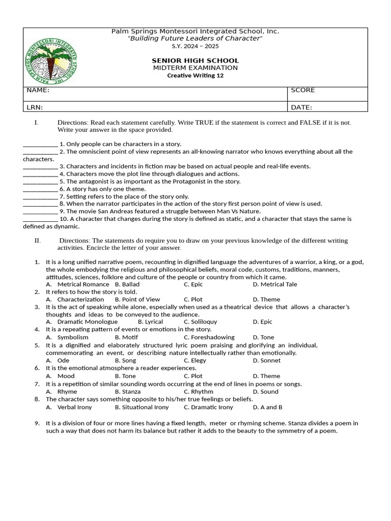 Creative Writing 12 Midterm Exam Guide | PDF | Poetry | Metre (Poetry)