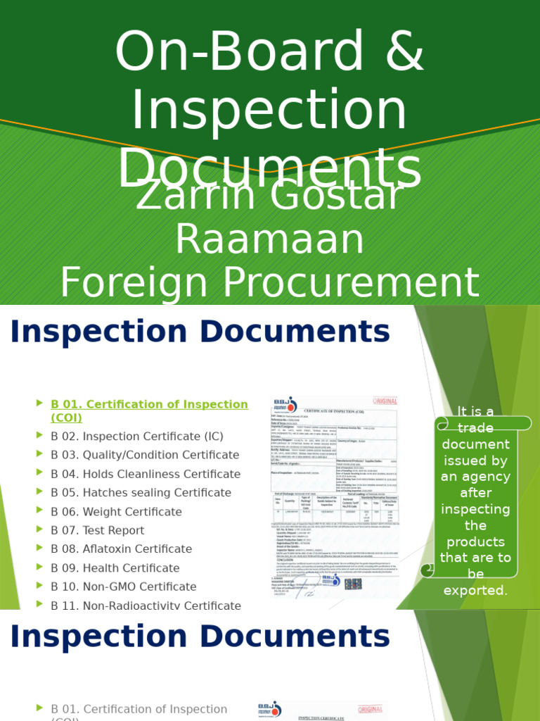 On-Board & Inspection Documents Presentation - Part | PDF | Science ...